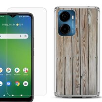 For AT&T Propel 2 5G Phone Case Cover, Shockproof Bumper Hybrid Case with Tempered Glass Screen Protector, by OneToughShield - Wood Print