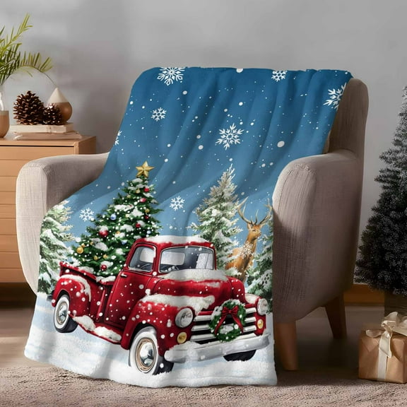 Throw Blanket Fleece Throw Blanket 40x50in, Watercolor Red Truck Christmas Trees Soft Lightweight Bed Blankets Winter Deer Snowflake Fuzzy Couch Blankets for All Season