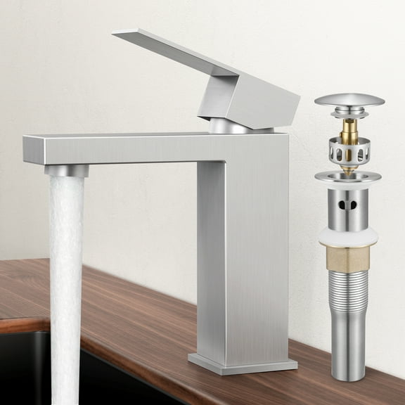 KES Bathroom Faucet Single Hole & Bathroom Sink Drain with Overflow, cUPC Certified Vanity Faucet Stainless Steel Brushed, WMBF002F12BSC1