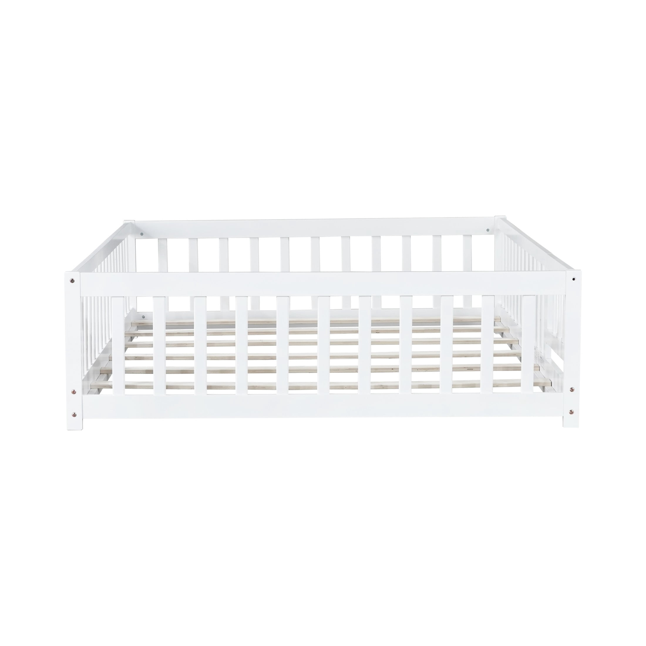Noble House Mira Full Floor Bed with Fence and Door, Sturdy Rubber Wood Montessori Bed Frame, Kid's Room, White