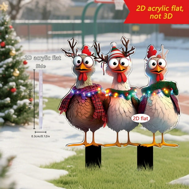 Seyotauo Christmas Chicken Outdoor Decorations, 2D Flat Christmas Yard Sign with Stakes, Chicken Animal Garden Stakes Yard Art for Ground Yard Lawn Porch Sidewalk Xmas Winter Holiday Decorations
