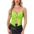 thumbnail image 1 of Camiseta sin espalda metálica Inspire Chic para mujer, con tirantes asimétricos y halter, top brillante, talla S, verde claro, 1 of 6