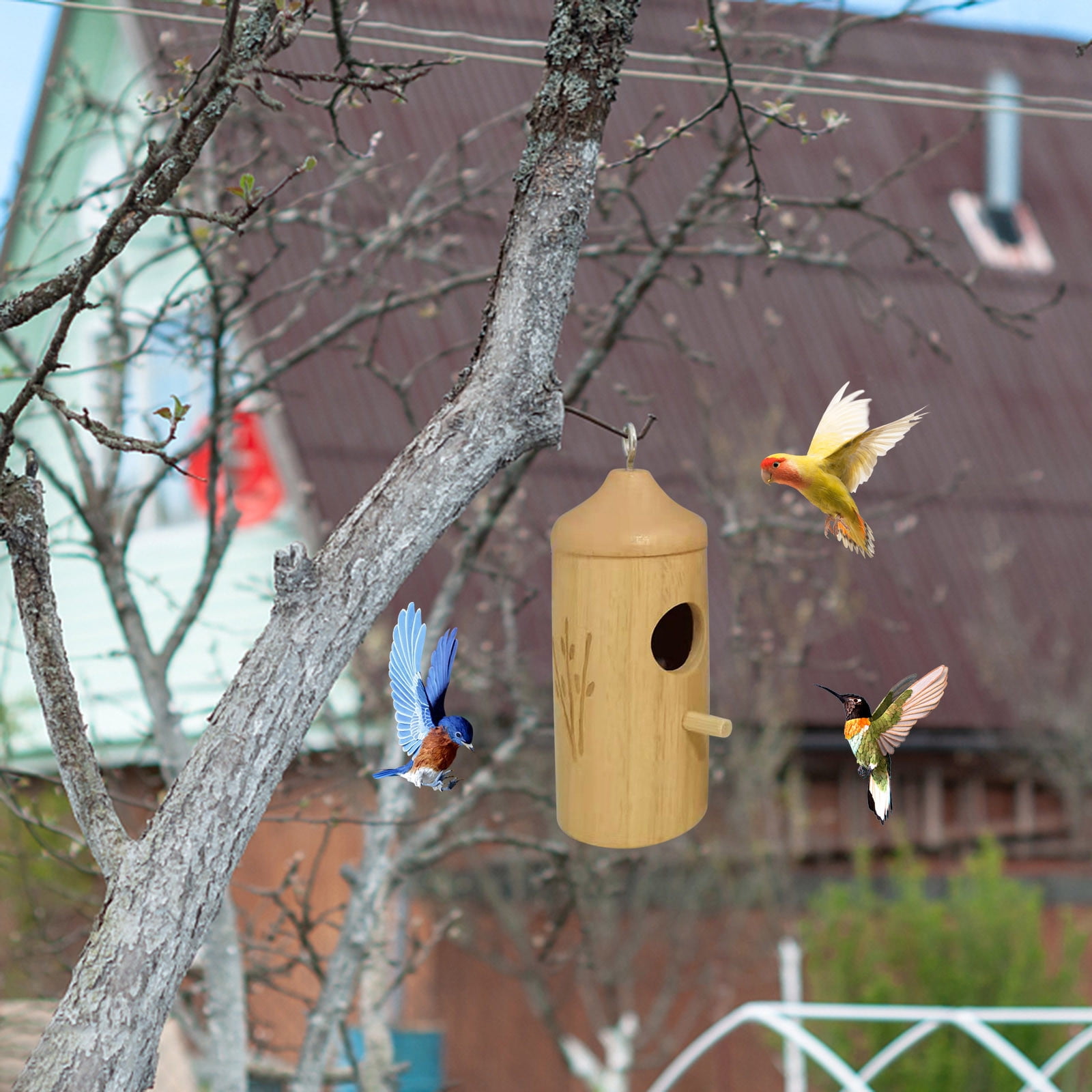 3 Pack Hummingbird Nest for Outside Hanging, with Coconut Fiber Nesting Material and Red Ribbon Hand Woven Hummingbird Nest Finch Bird House for Garde Sylchomon 3 Pack Hummingbird Houses Wooden Outdoor Bird Houses