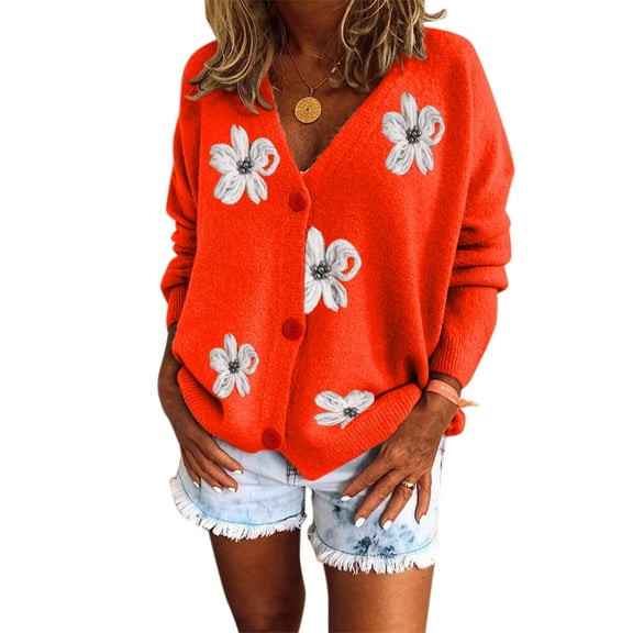 XEGLSBU Cardigan Sweaters for Women Long Women's Floral Embroidered Knit Cardigan Sweater Slim V-neck Long Sleeve Sweater Cardigan Sweaters for Women Pink Red Size XXL