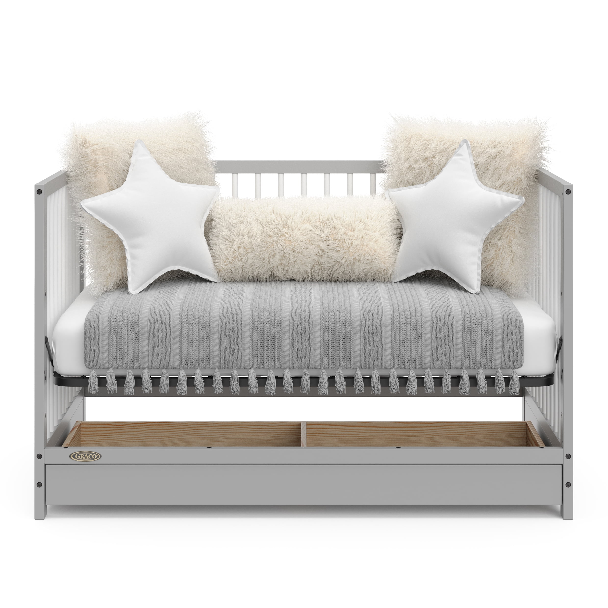 Graco Teddi 5-in-1 Convertible Crib with Drawer and Premium Crib & Toddler Mattress Bundle, Pebble Gray with White