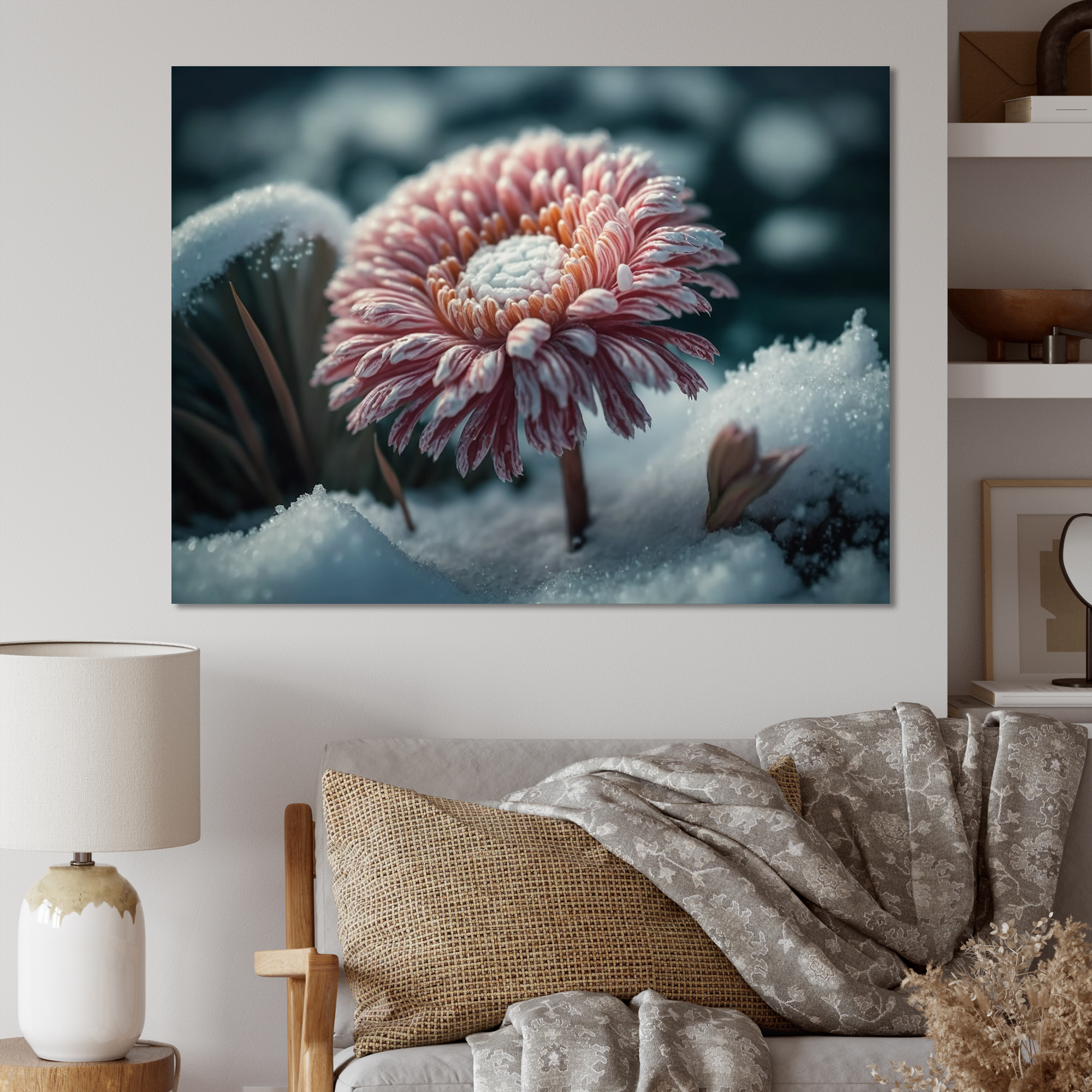 Designart A Blooming Pink Gerbera Flower In Winter I Canvas Wall Art