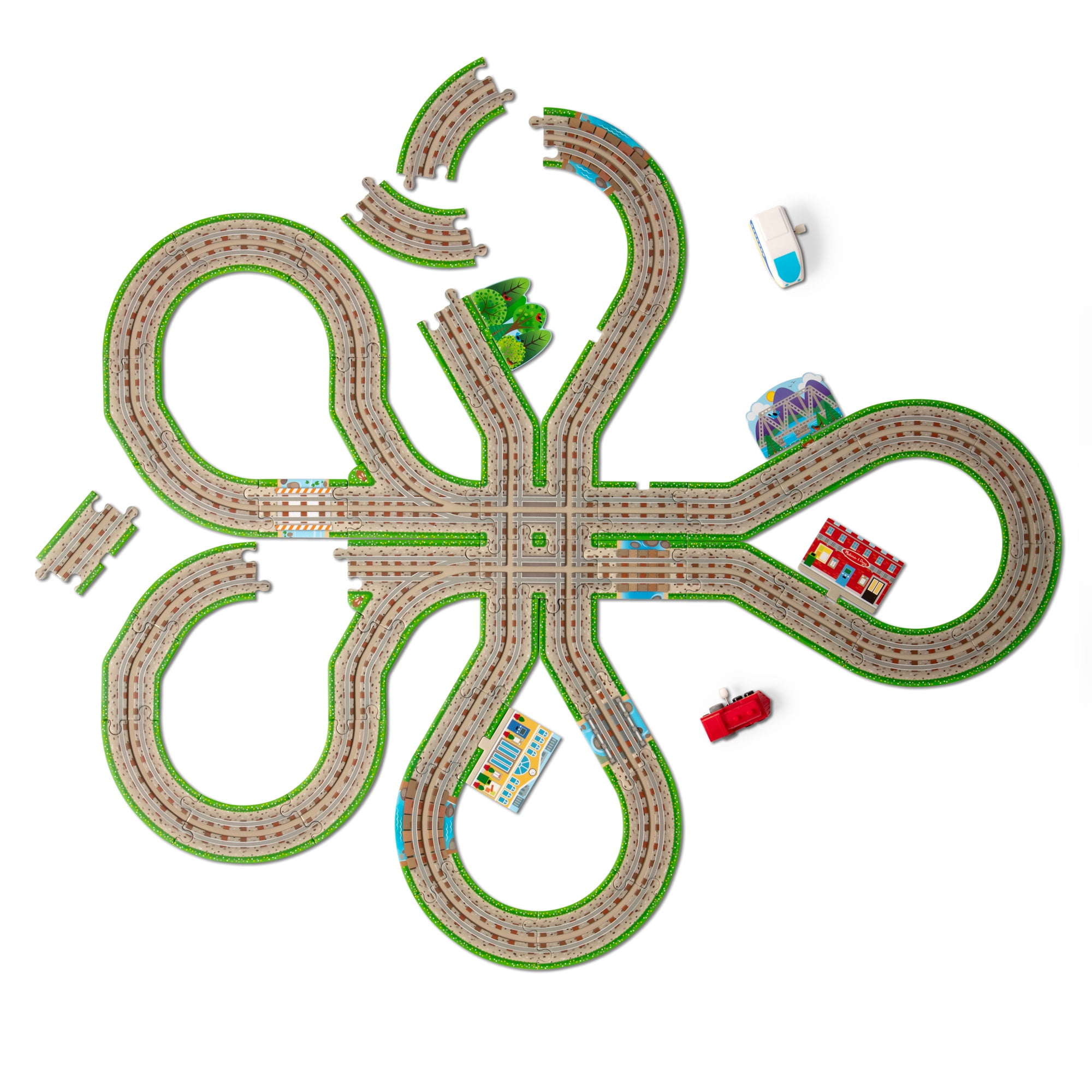 Melissa & Doug Crée ton propre chemin de fer, Puzzle de sol de 48 pièces avec 2 trains à remonter et des décors interchangeables, pour filles et garçons d'âge préscolaire à partir de 4 ans