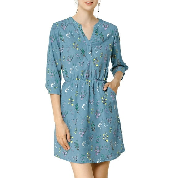 INSPIRE CHIC Women's V Neck Floral 3/4 Sleeves Side Pockets Button Dress S Blue
