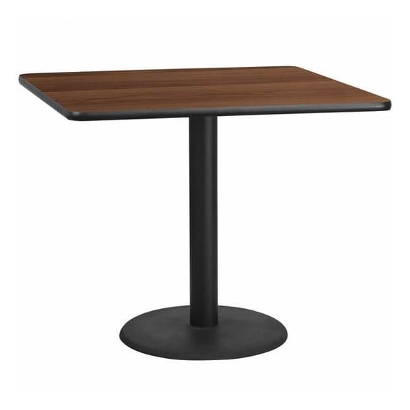 Square Walnut Table Top,Square w/Round Base,42", Laminate Top, Wood Grain