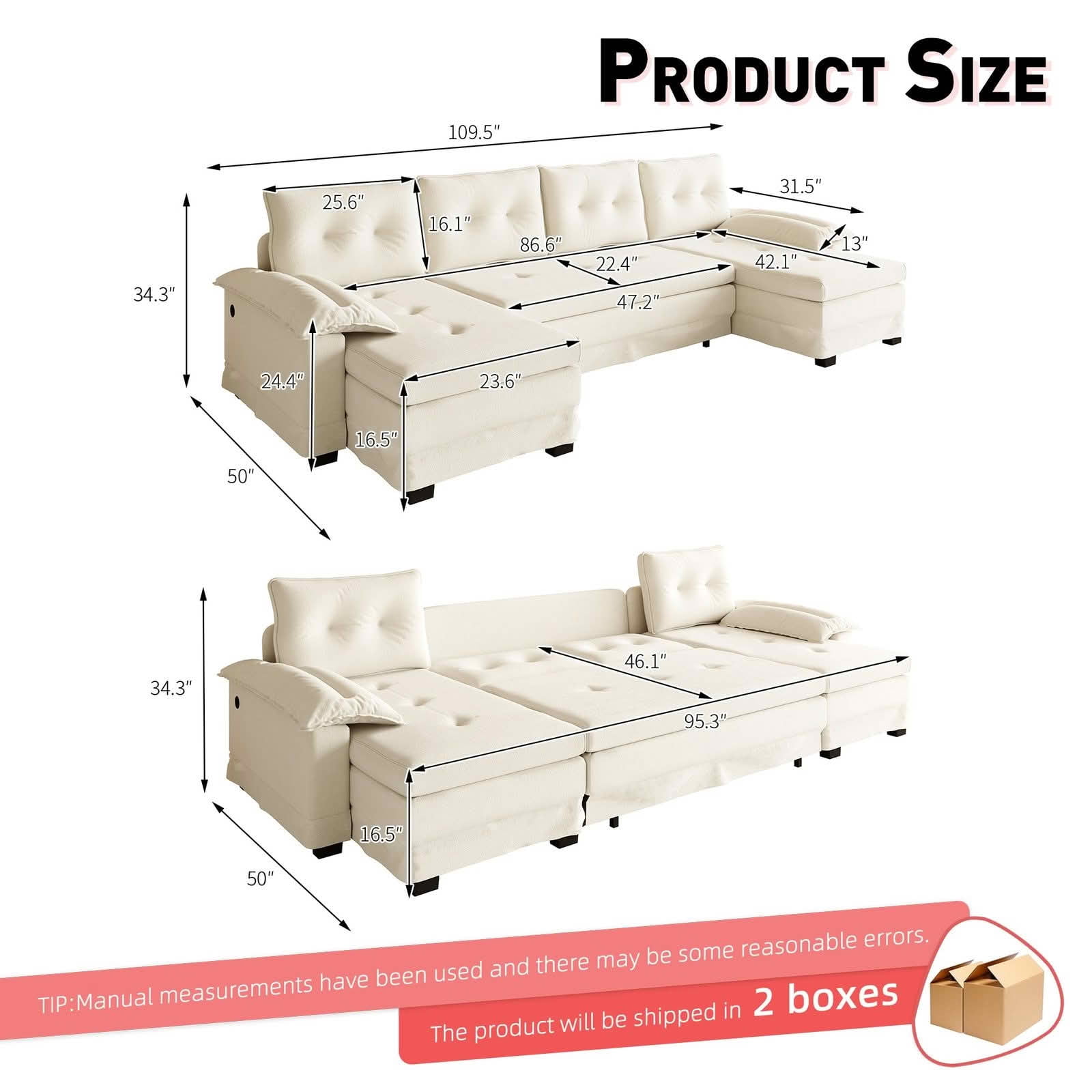 MAYEERTY 109.5" U‑Shaped Pull‑Out Sleeper Sofa, 2‑in‑1 Convertible Modular Sectional with Removable Armrests, USB Ports, Chaise Lounge, 4 Pillows Included