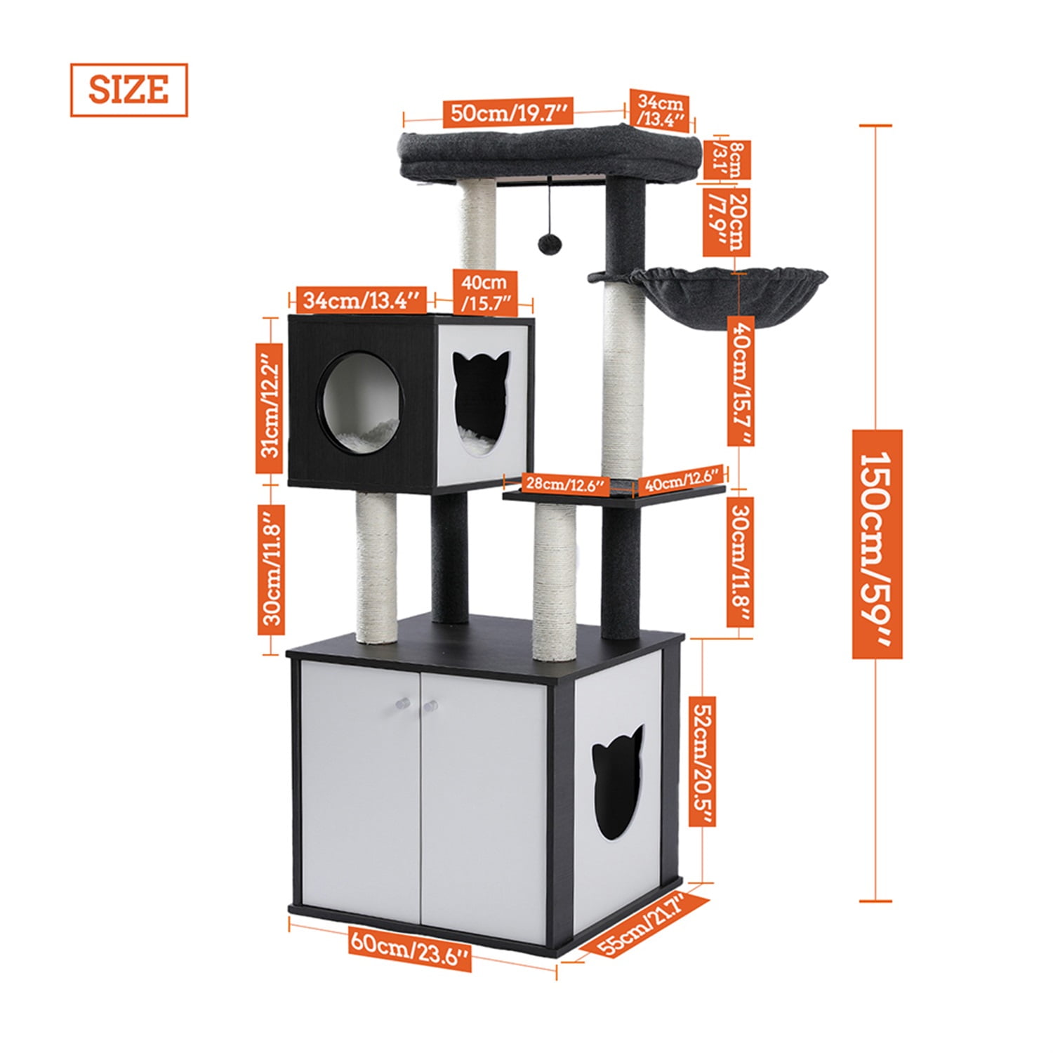 Pefilos 59" Wood Cat Tower Modern Cat Tree with Storage Cabinet Litter Box Enclosure and Cat Condo, Gray Pefilos 59" Wood Cat Tower Modern Cat Tree with Storage Cabinet Litter Box Enclosure and Cat Condo, Gray