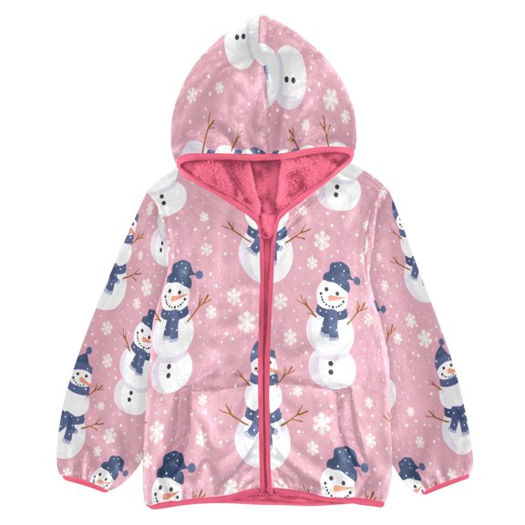 BZSMCE Double-Sided Sherpa Fleece Hooded Zipper Jacket Pink Snowman Pattern Print Warm Outerwear