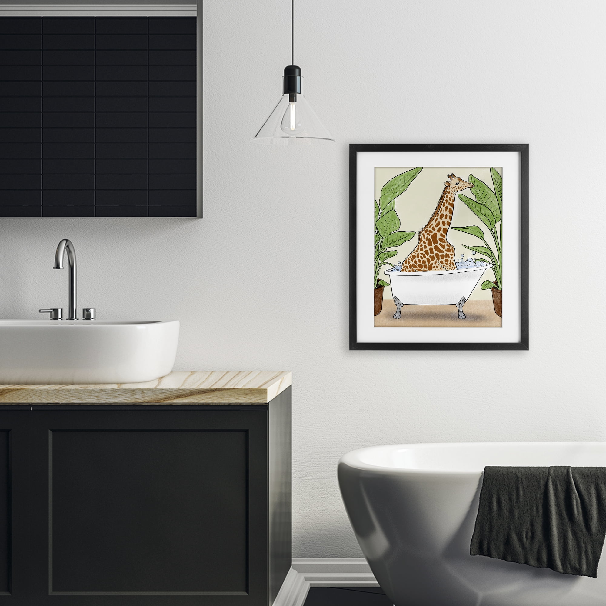 Stupell Industries Bathing Giraffe & Plants Black Framed Print Under Glass, design by Marcus Prime