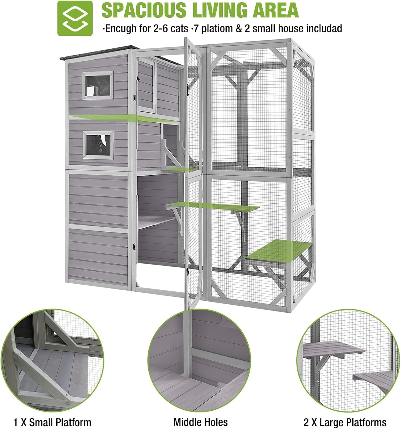 Catio Outdoor Cat Enclosure Large Cat Enclosure 4 Tiers Outdoor Cat House Connectable with Window,Grey,77" L