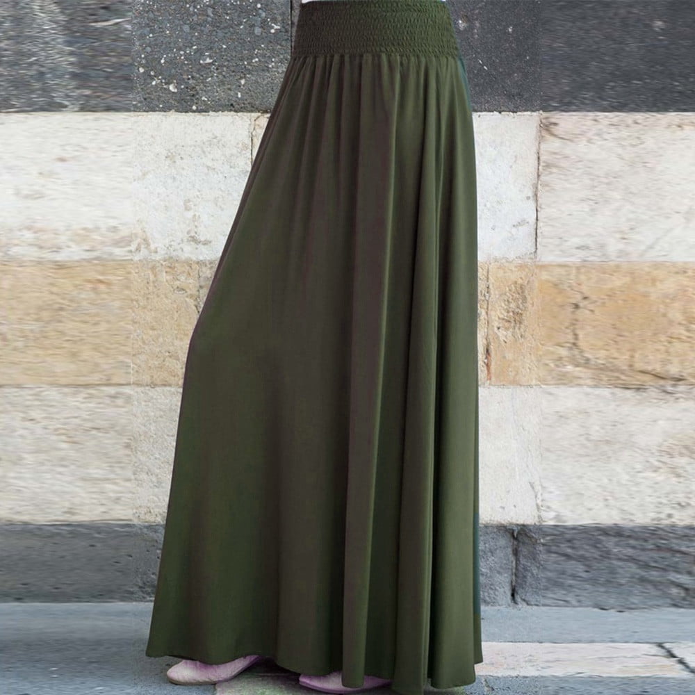 VUPSGEZ Skater Skirt Features Elastic Waist Band Women Fashion Elastic Waist Solid Pleated Skirt Vintage A-Line Loose Long Skirts Juniors’ Knit Maxi Skirt(Green,M)