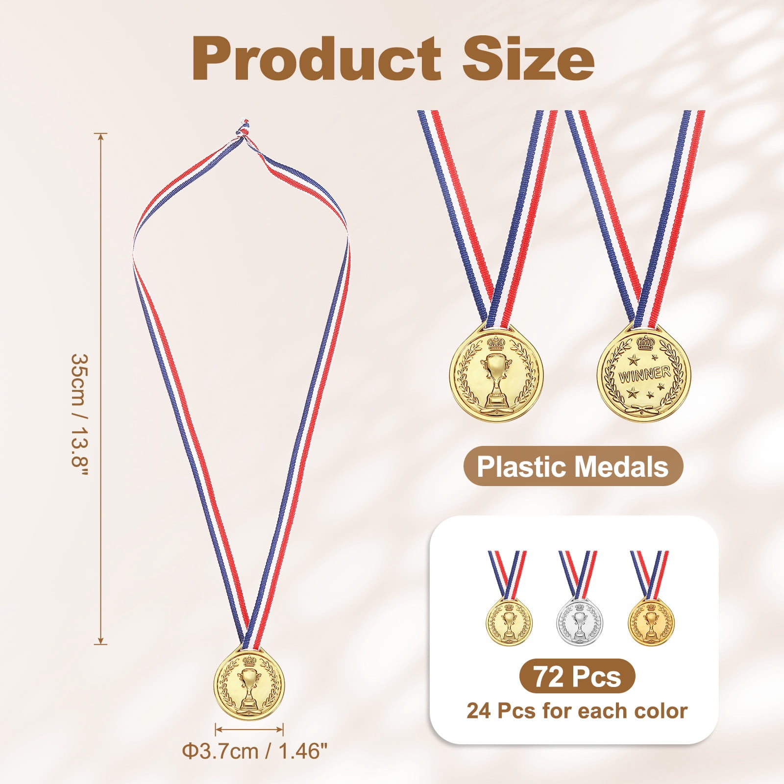 Uxcell Award Medals, 72 Pcs Gold Silver Bronze Plastic Award Medals Printed with Trophy Patterns  with Lanyards for Teen Sports, Games, Competitions, Party Favors Decorations