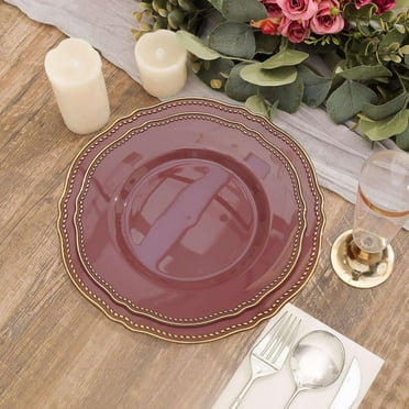 Efavormart 10 Pack | 9" Mauve / Gold Scalloped Rim Plastic Dinner Plates, Disposable Party Plates For Weddings Party Events