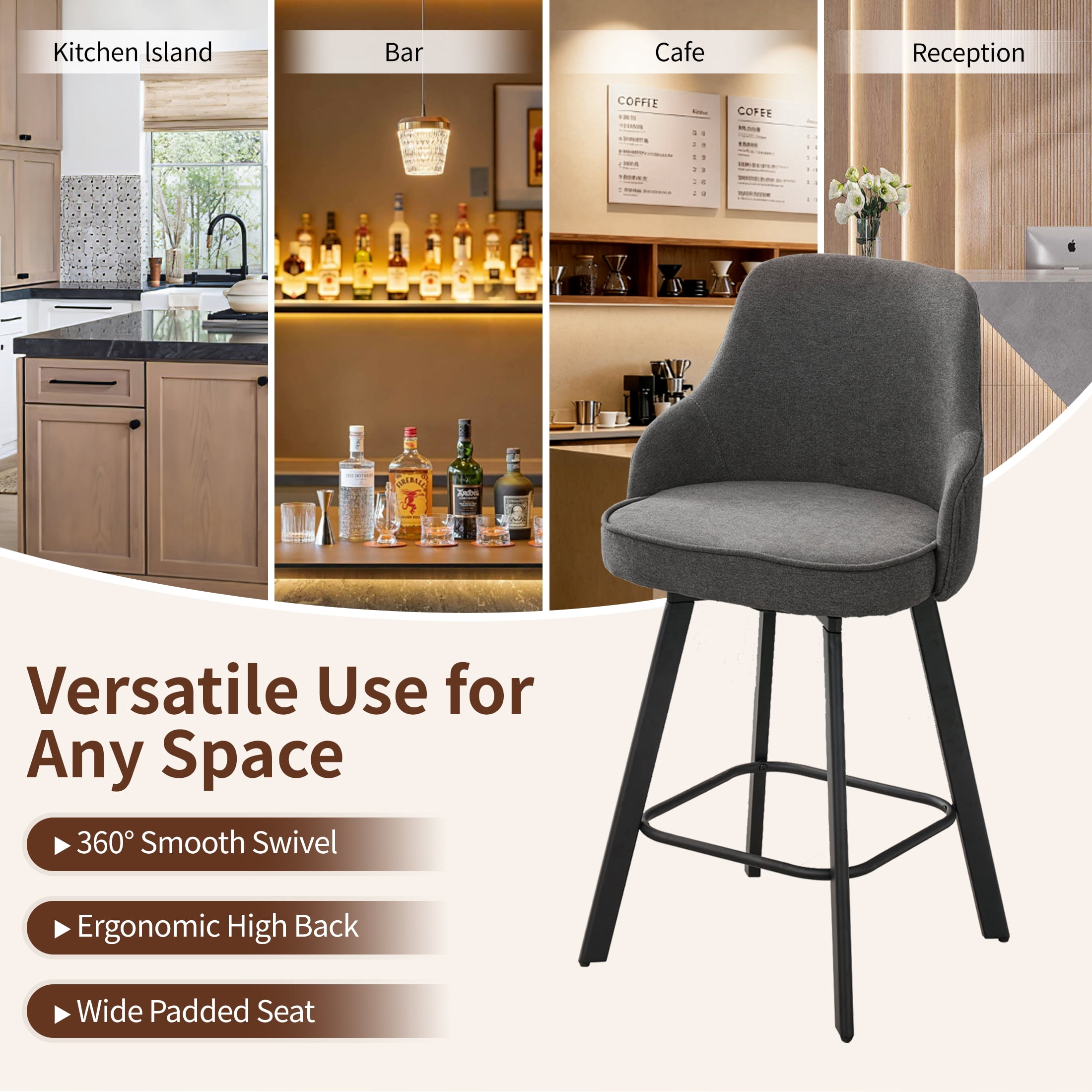 FIRAVOE Bar Stools Set of 3, 26" Swivel Barstools Counter Height Bar Stools with High Back, Linen Bar Chairs Counter Stools for Kitchen Island, Gray