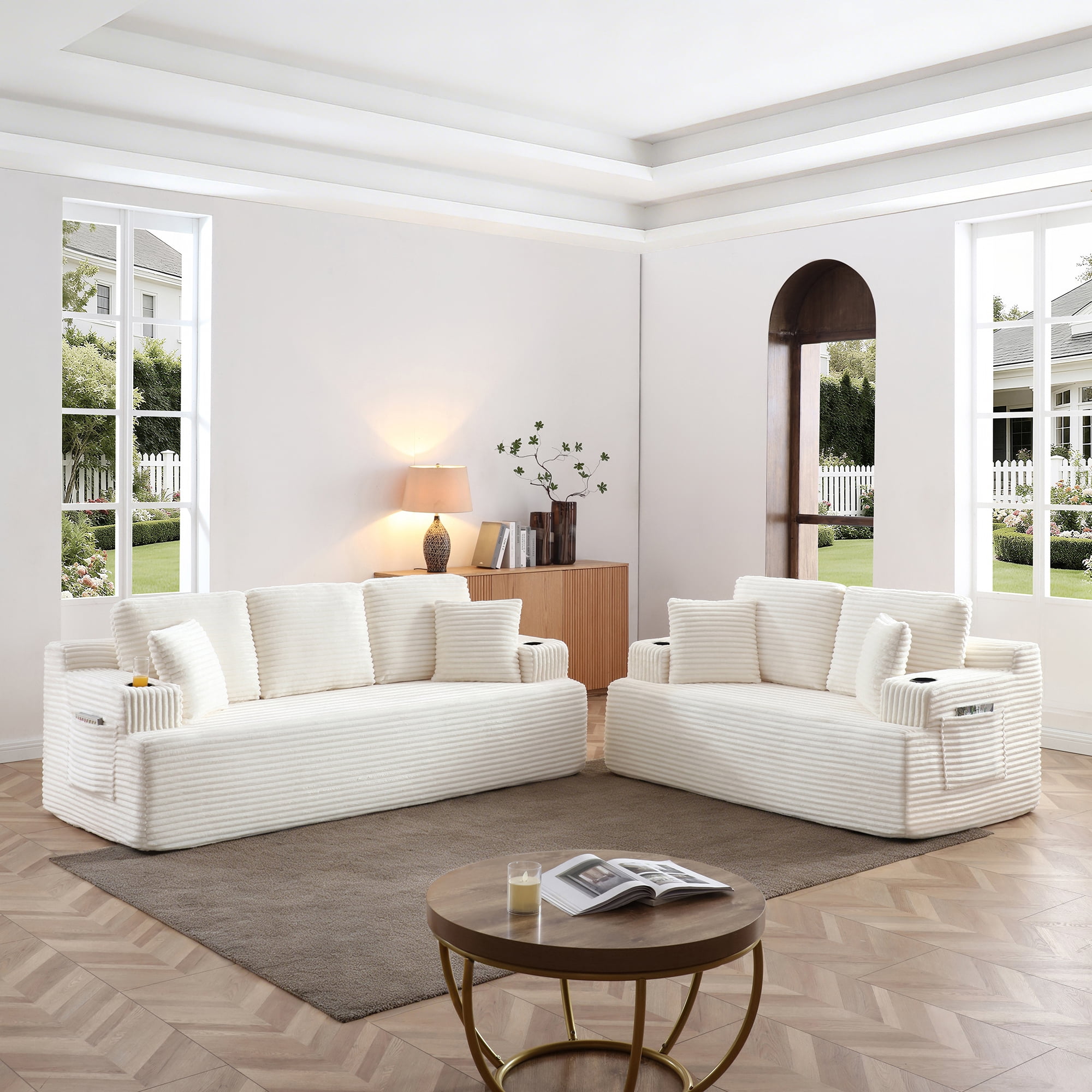 Boneless Sofa, 3-Seater Floor Couch with Cup Holders and Side Pockets, Corduroy Fabric No Assembly Sofa for Living Room or Dorm, 86.2 Inch, Beige