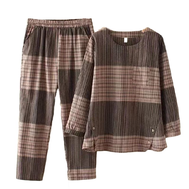 jovatis Costumes à Manches Longues pour Femmes Col Uni Manches Longues Col Rond Imprimé à Carreaux Poche Ensemble