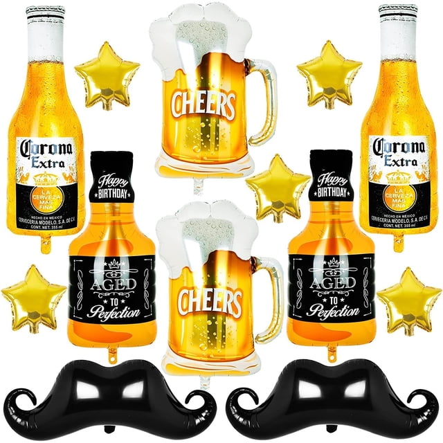 Yanonmyfd 13 globos de helio de cerveza Mylar corona whisky botella cerveza taza de oro pentagrama globo barba globos de aluminio para cumpleaños, correas y decoración de fiesta temática de cerveza