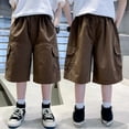 thumbnail image 4 of Boys Lightweight Solid Cargo Knee Length Shorts, Elastic Waist Multi Pocket Loose Fit Kids Utility Shorts for Summer School Outdoor Daily Home Casual Wear(Brown,13-14 Years), 4 of 5