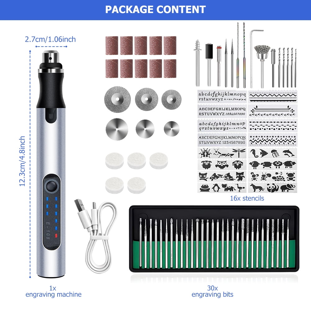JENABOM 58PCS Silver Electric Engraving Pen, Cordless Electric Rotating Tool, 3-speed Adjustable, USB Charging Engraving Tool, Suitable for Jewelry, Wood, Metal