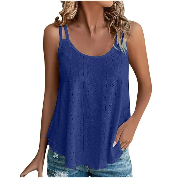 Lovskoo Eyelet Summer Tops for Women 2024 Tank Tops U Neck Sleeveless Tank Top Solid Color Casual Trendy Top Blue