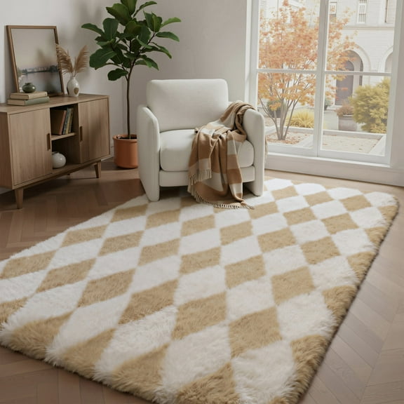 KUETH 5'x7' Fluffy Shag Washable Area Rug for Living Room Modern Geometric