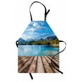 thumbnail image 1 of Mountain Apron Snowy Mountain Tops from Old Wood Deck Pier by Sea Idyllic Calm Coastal Charm, Unisex Kitchen Bib Apron with Adjustable Neck for Cooking Baking Gardening, Blue Brown, by Ambesonne, 1 of 3