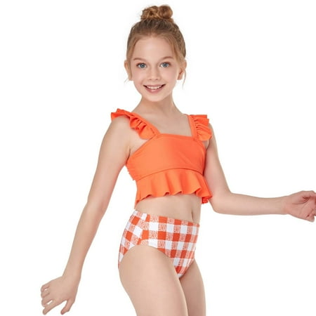 

CHGBMOK Toddler Swimsuit Kids Baby Girls Summer Small Ruffle Solid Color Plaid Split Swimsuit