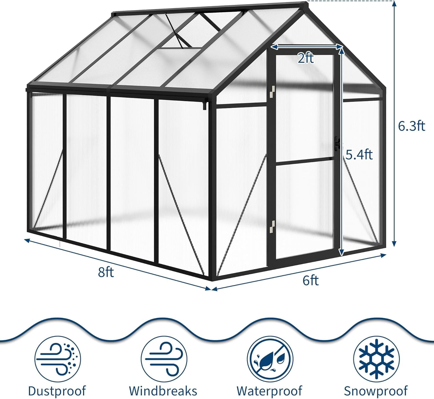 Lumiparty 6x8 ft Polycarbonate Walk-in Greenhouse, Aluminum Frame, Lockable Door, Roof Vent, Outdoor Garden Backyard Patio