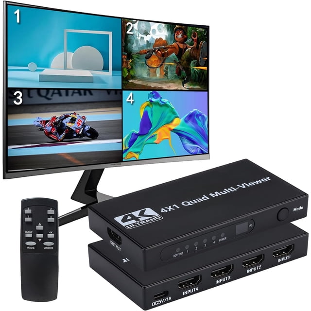 HDMI Multivisor Switch 4x1 Conmutación sin Costuras Quad Multi-visor Compatible con 4K a 30Hz 1080P a 60Hz, 9 Modos de Pantalla para Consolas de Juegos con Cámara de Seguridad