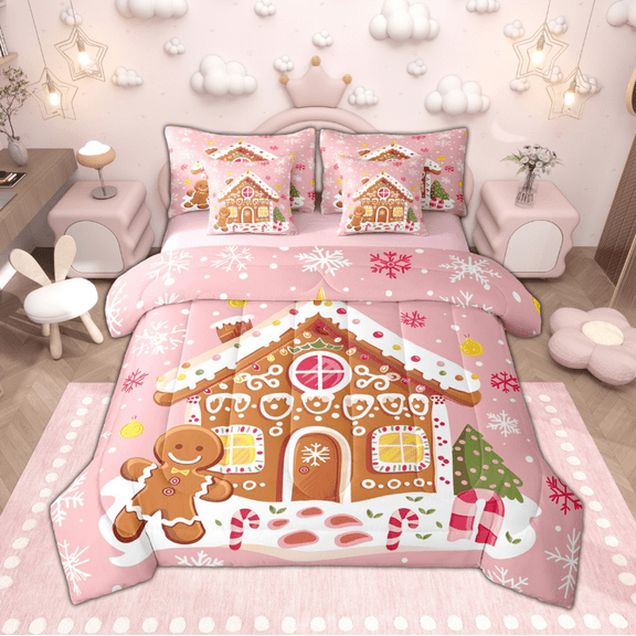 Manfei Kawaii Gingerbread House Twin Bedding Sets 7 Pieces, Pink Xmas Tree Bedding Comforter Set for Girls, Merry Christmas Sheet Sets, Microfiber Bedroom Decor