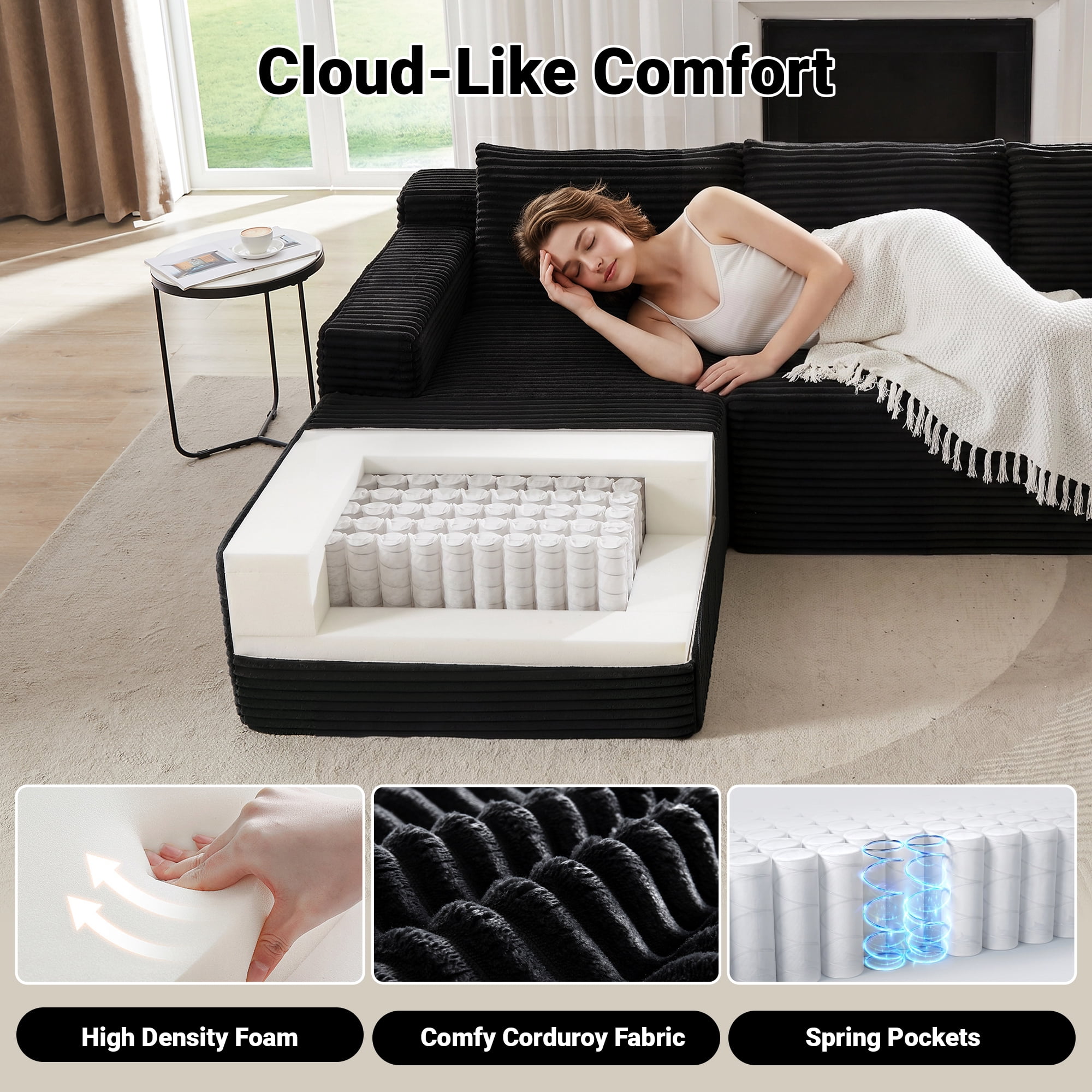 Vanress 96 Inch Modular Sectional Couches for Living Room, Modern Boneless Sofa, Upholstered Deep Seat Cloud Couch, Corduroy Comfy L-Shape Sofas Couches, No Assembly, Black (Left Facing Chaise)