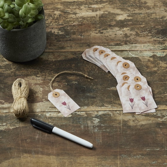 VHC Brands Spring in Bloom Tea Stained Red Tulip Paper Tag 9pt w/Twine Set of 50 1.5x2.75, Spring and Easter Gift Tags, Small Hanging Spring and Easter Decor