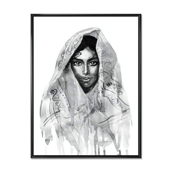 Designart 'Black and White Portrait of Young Indian Woman I' Modern Framed Canvas Wall Art Print