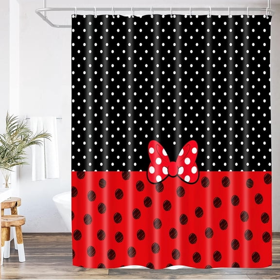 Cute Cartoon Shower Curtain Black and Red Bow Children Cartoons Kids Shower Curtain Sets Waterproof Polyester Fabric Bathroom Curtains with 12 Hooks, 72 x 72 Inches