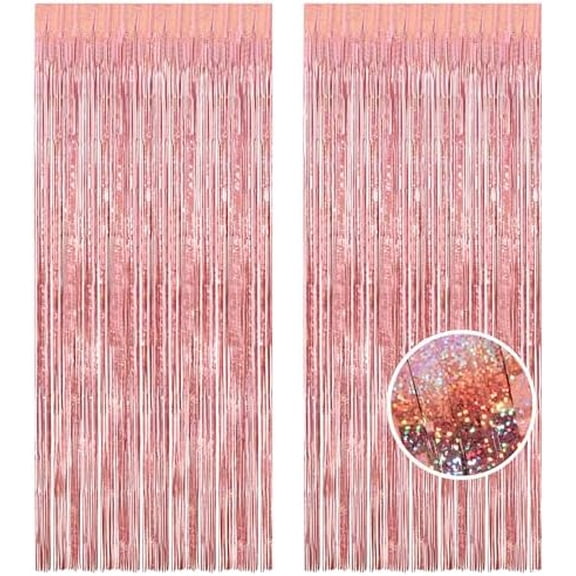 Rose-Gold Metallic Tinsel Backdrop - 2Pcs 3.2x8.2ft Metallic Tinsel Foil Fringe Curtains Photo Booth Streamers for 21-st Birthdays Bachelorette Engagement Bridal Shower Party Decorations
