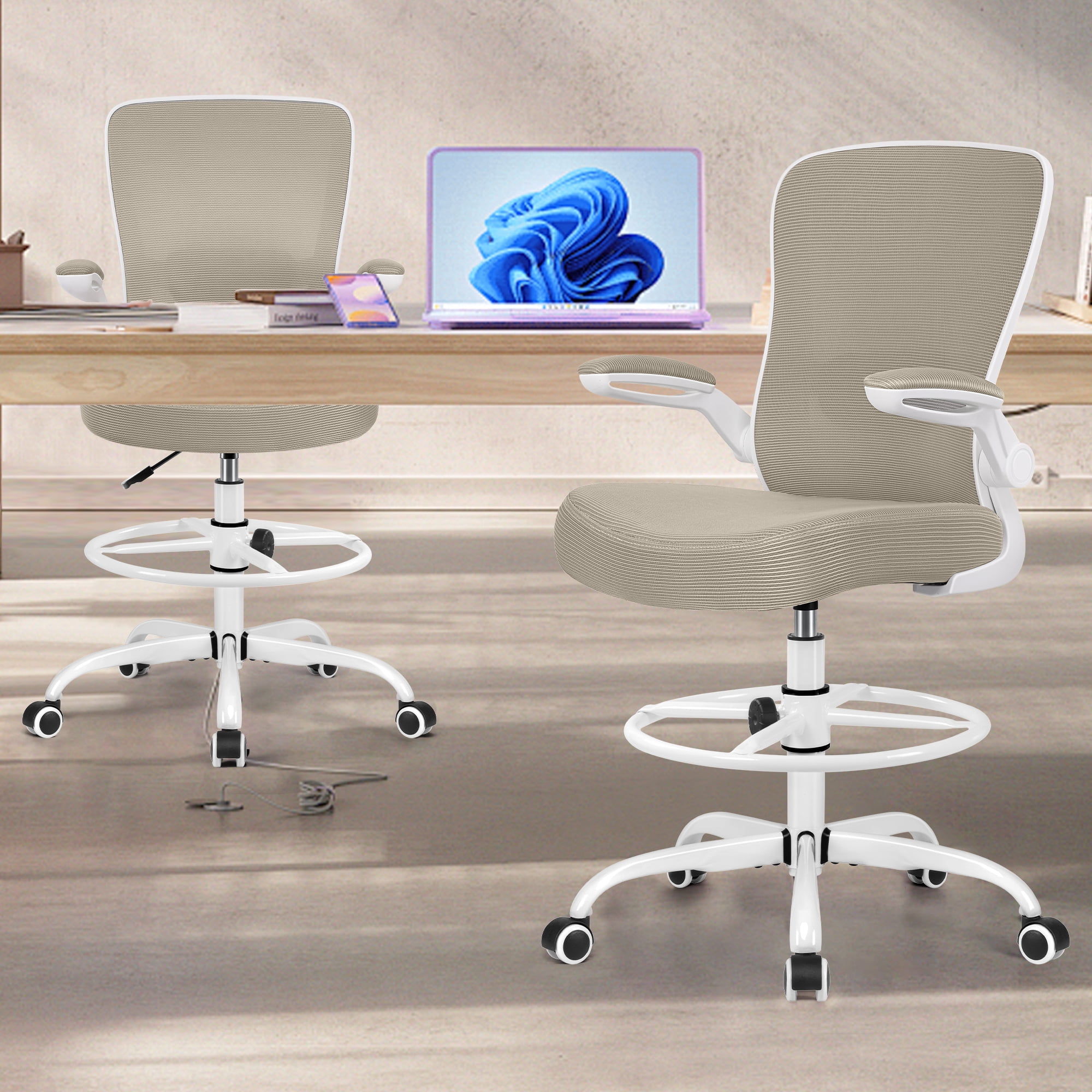 COOLHUT Home Office Chair with Flip-up Armrests for Standing Desk, Ergonomic Computer Office Desk Chair with Adjustable Foot Ring, Office Desk Chairs with Adjustab Lumbar Support, Khaki