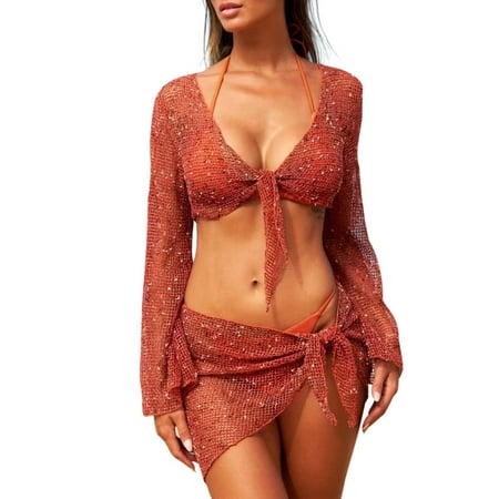 Youmylove Summer Dresses for Women Two Piece Hollow Swimsuit Cover Up Set With Sheer Mesh Top And Skirt Lace Bikini Swimsuit Dress
