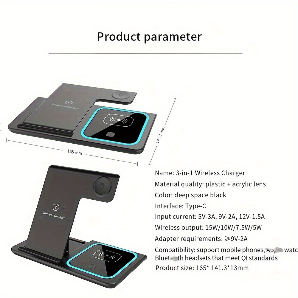 Foldable 15W Fast Charging Base for Iphone 15, 14, 13, 12 Pro Max, Apple Watch 8, 7, And Airpods - 3 in 1 Wireless Charger Stand Pad