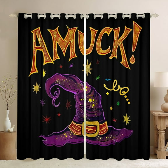 jejeloiu Witch Hats Black Out Curtains,Amuck Halloween Day Curtains Pack of 2 (42x63 Each),Purple Orange Black Bedroom Curtains For Girls,Ultra Soft Home Decor