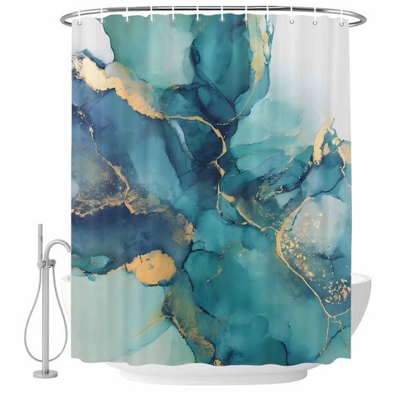 Teal Blue Marble Shower Curtain Set - Small 36" x 72" Washable Bathtub Curtain with 12 Hooks, Modern Abstract Texture Art Ombre Waterproof Fabric Stall Shower Curtains for Bathroom/Bathtub Décor