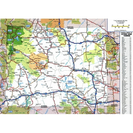 Laminated Map - Large detailed roads and highways map of Wyoming state ...