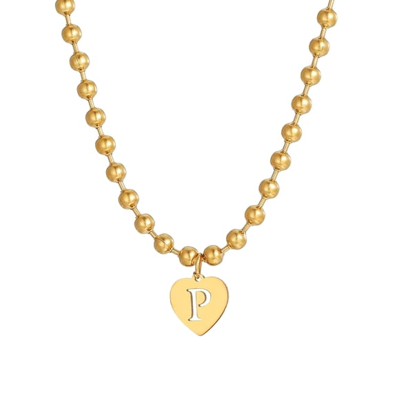 PAMTIER Men Women Personalized 26 Initials Pendant Necklace Stainless Steel Simple Heart Charm Chain Gold Plated Bead Minimalist Dainty Monogram Jewelry Letter P