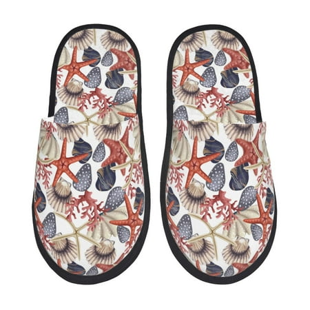 

Honeii Starfish Shell print Slippers Memory Foam House Bedroom Slippers for Women and Men Fuzzy Plush Comfy Faux Fur Lined Slide Shoes-Large