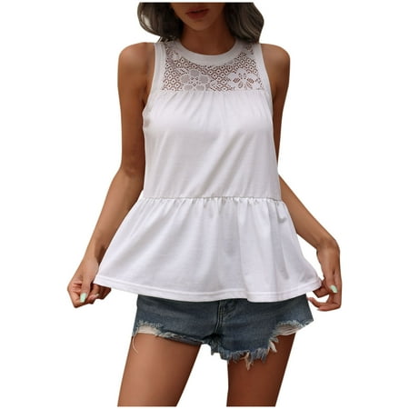 Cute Summer Tops Lace Patchwork Sleeveless Crewneck T-shirts for Women Ruffle Hem Babydoll Top Blouses (XL  White)