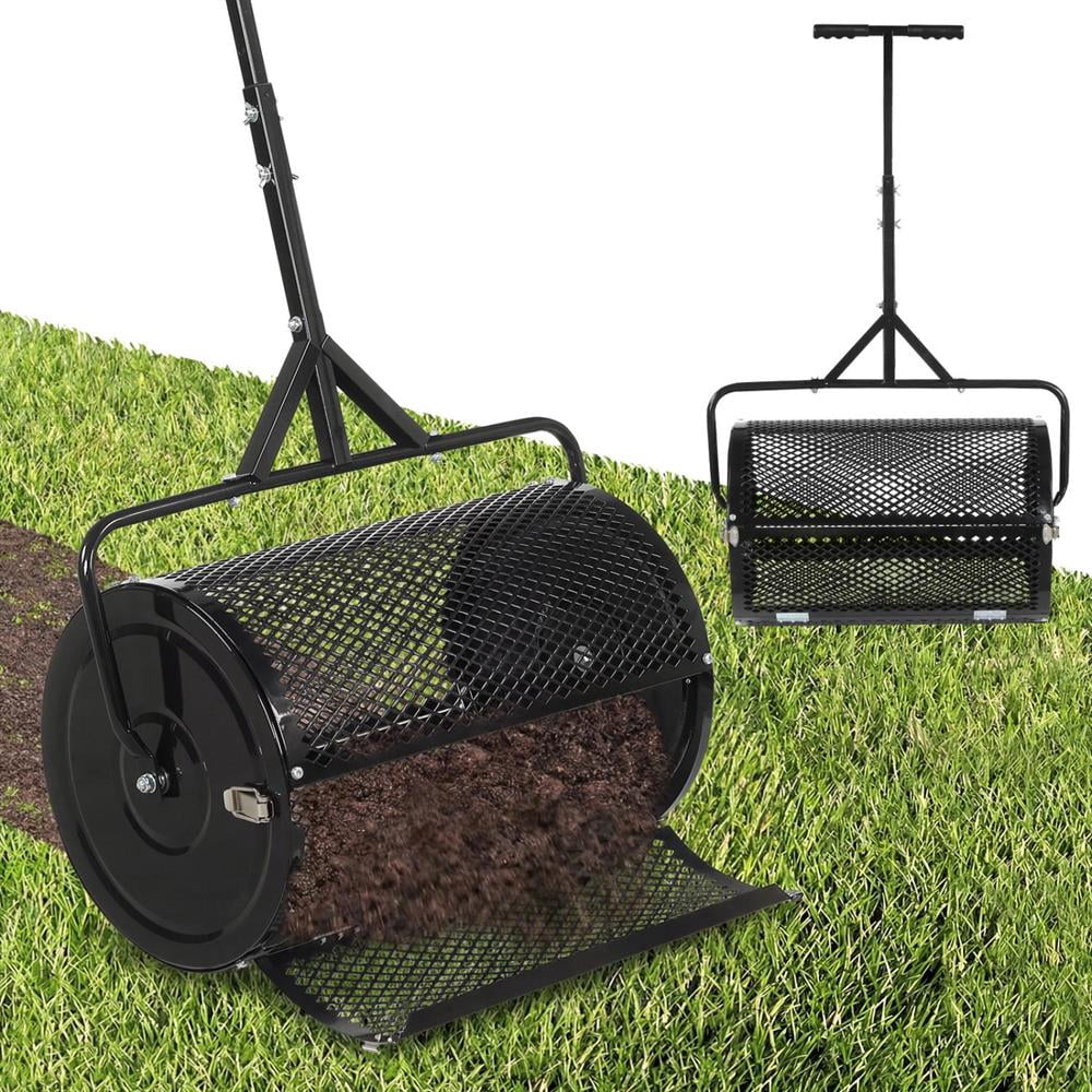 Topcobee 24 Inch Compost Spreader Peat Moss Spreader Roller with Height-Adjustable T-Shaped Handle, Garden Spreaders for Lawns-Black