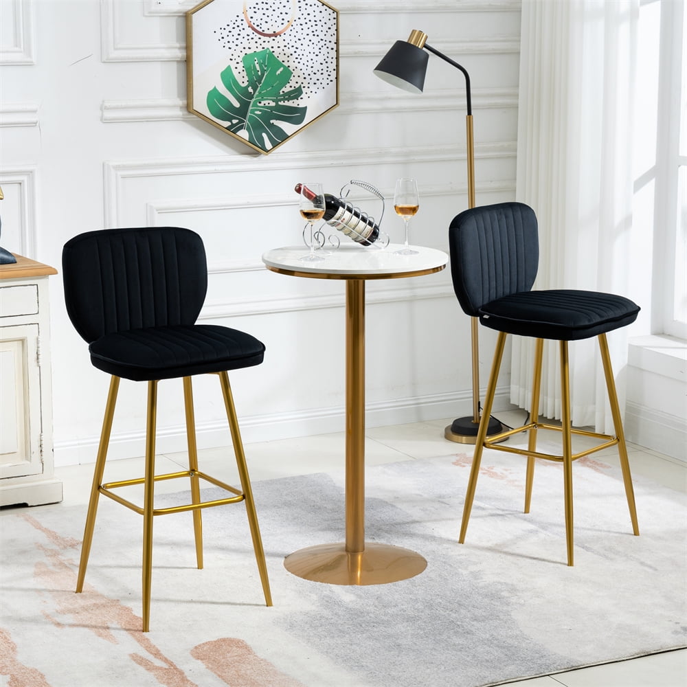 Modern Counter Height Bar Chairs with Gold Footrest Set of 2, Velvet